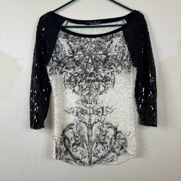 Angels & Diamonds Tops - Angels & Diamonds Buckle Sequin Shirt Black White Sz Small Grunge Textured Glam